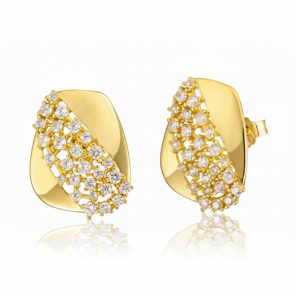 Sterling Silver Gold Plated Rectangular Shaped With CZ Stud Earrings