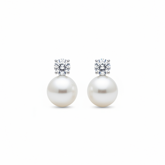 Sterling Silver 14mm Pearl With CZ Stud Earrings