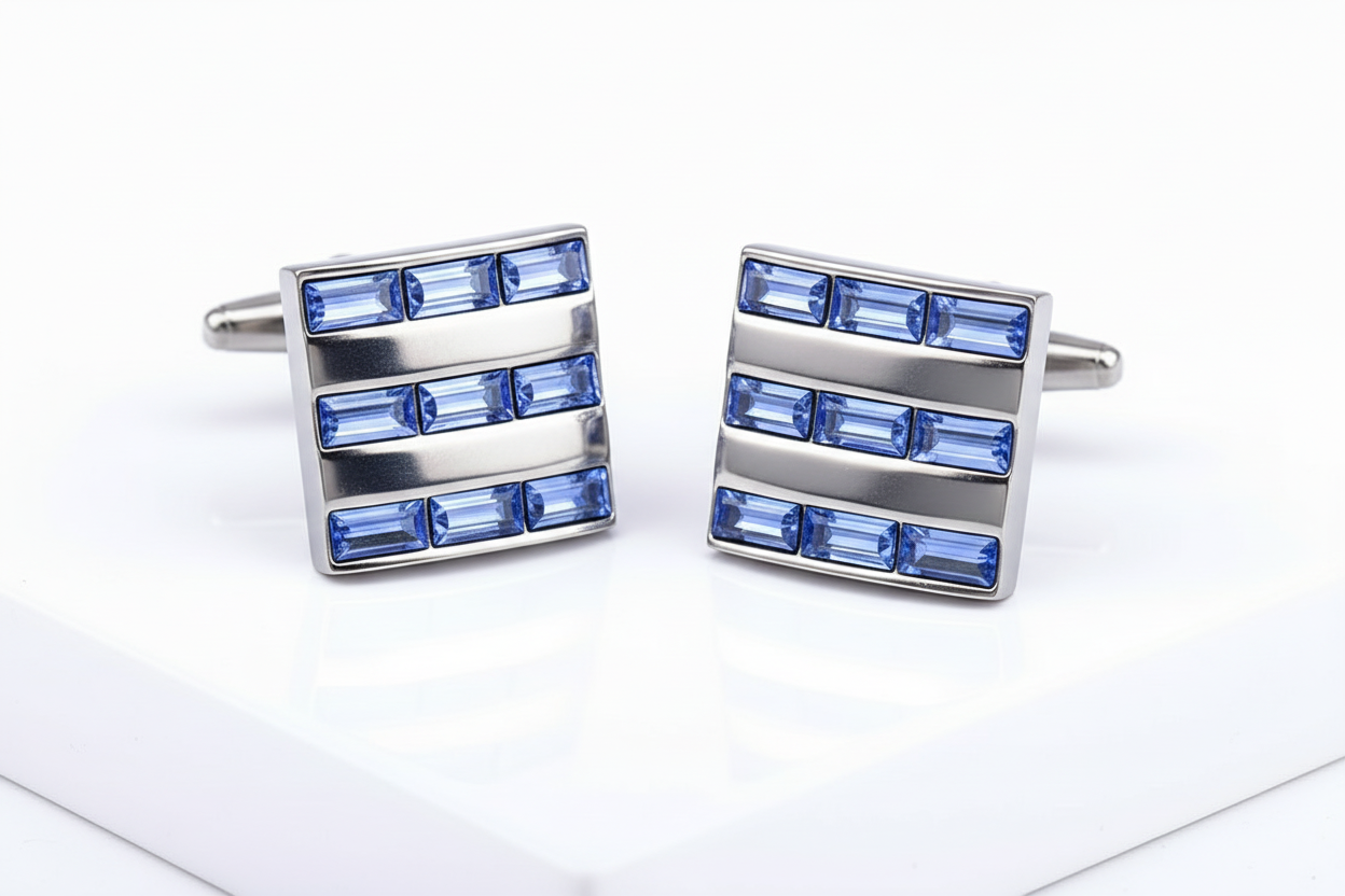 Nine Light Blue Baguettes Square Cufflinks