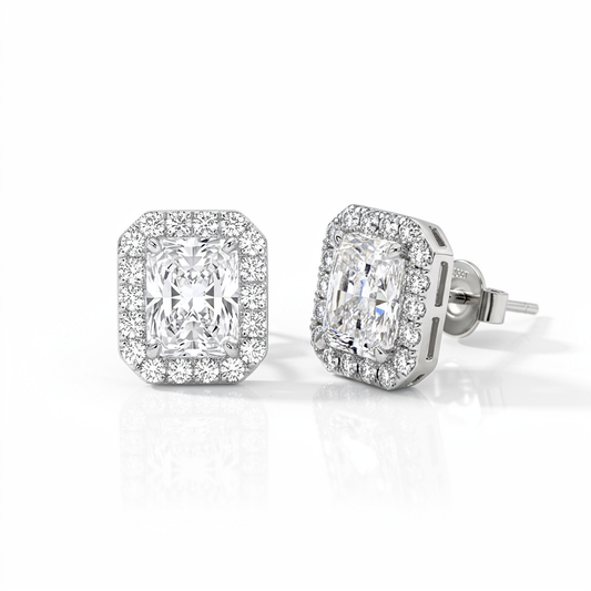14K Radiant Cut Halo CVD Lab Grown Diamond Earrings