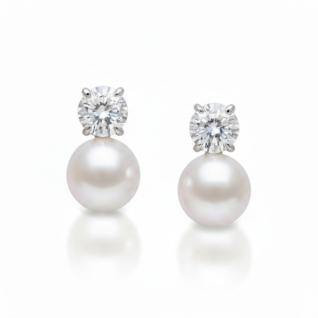 14K White Gold Lab Diamond & Freshwater Pearl Drop Earrings
