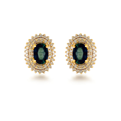 10K Gold Diamond and Sapphire Oval Stud Earrings