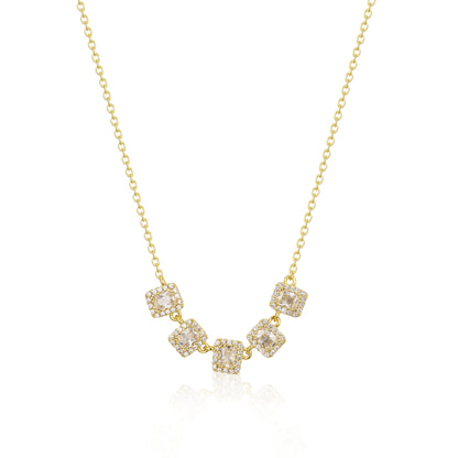 Sterling Silver 5 Halo Emerald Cut Stone Bar Necklace