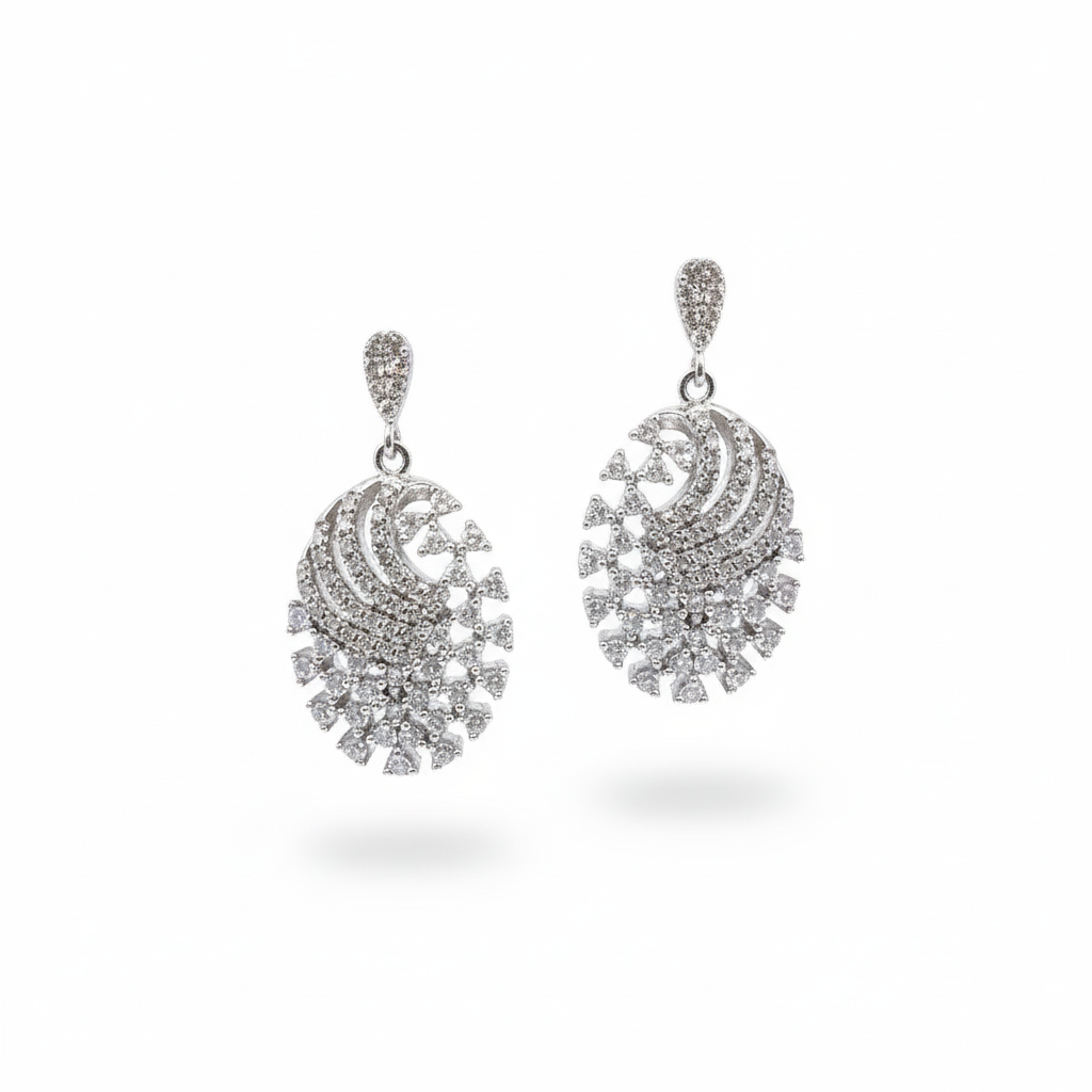 Rhodium Plated Sterling Silver CZ Oval Earrings