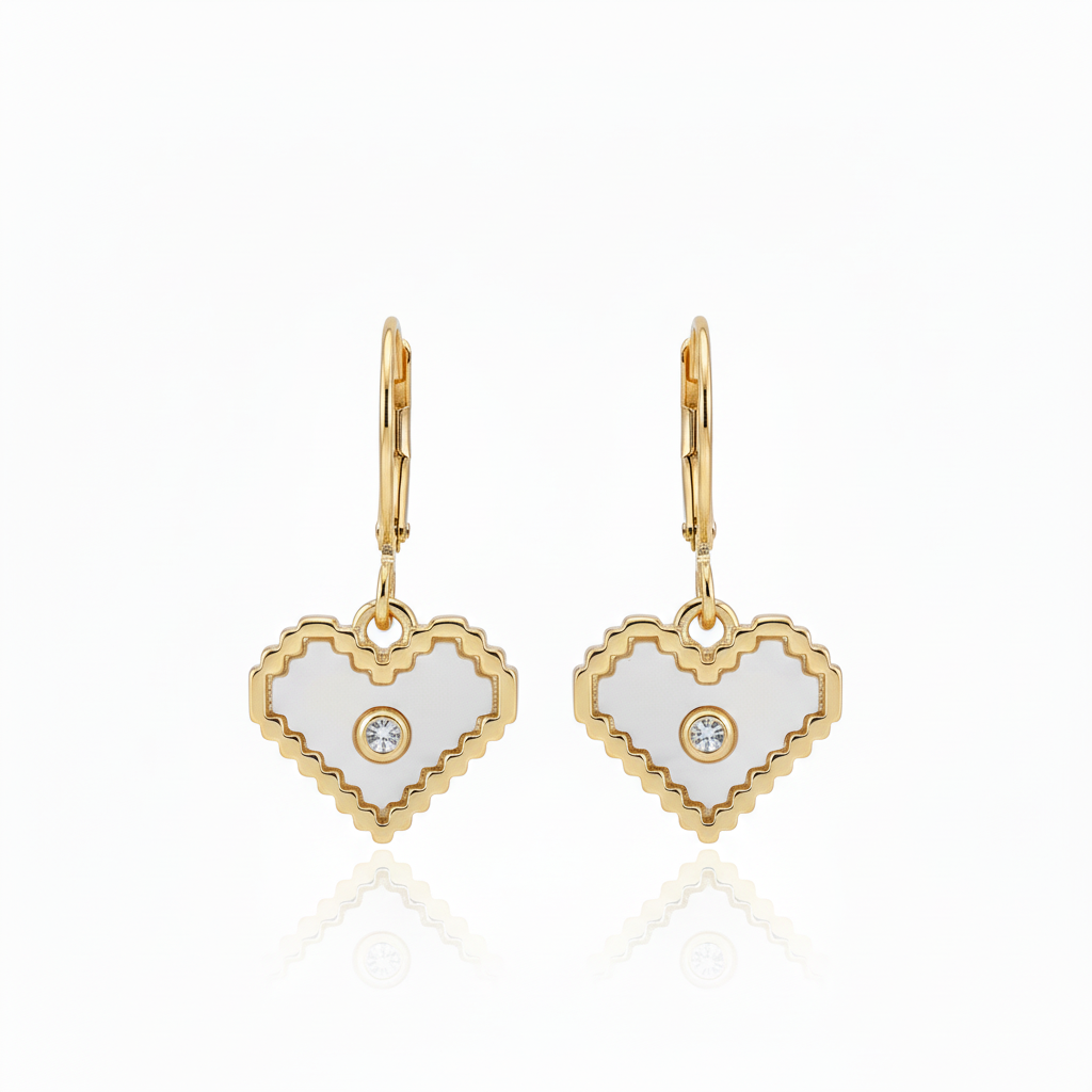 White Shell Pearl Heart Earrings with Vertically Longer Leverbacks