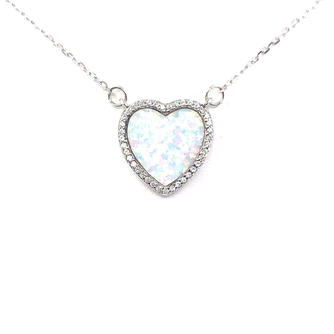 Sterling Silver White Opal Heart Necklace - HK Jewels