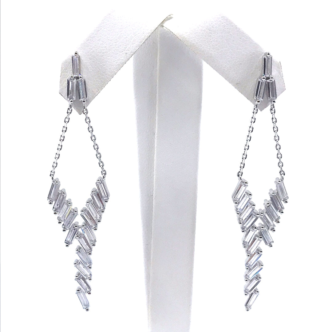 Sterling Silver Long Buguette Earrings - HK Jewels