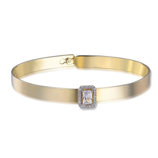Gold Plated Sterling Silver Bangle with Rectangle CZ Center Piece - HK Jewels