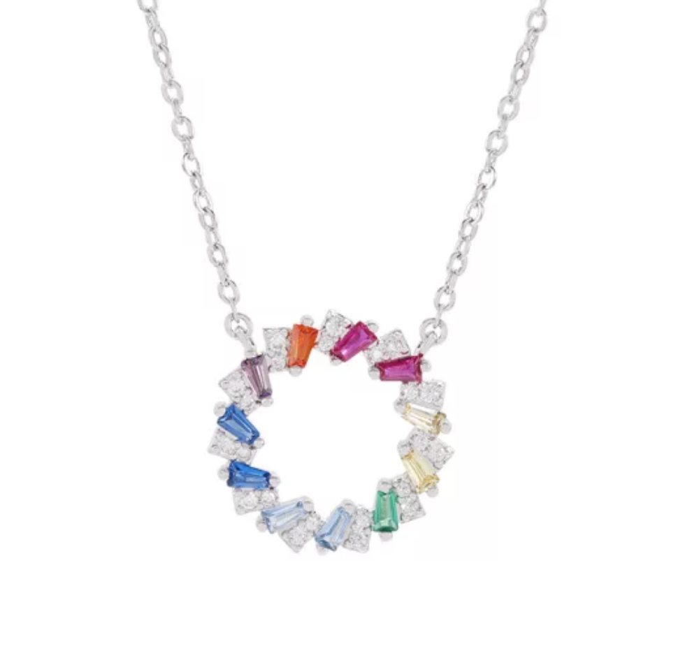 Sterling Silver Circle With Colorful Baguettes CZ Necklace - HK Jewels
