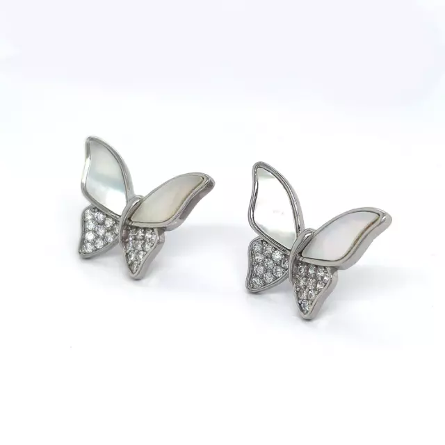 Sterling Silver Butterfly Half CZ Mother of Pearl Stud Earrings - HK Jewels