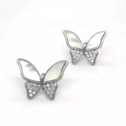 Sterling Silver Butterfly Half CZ Mother of Pearl Stud Earrings - HK Jewels