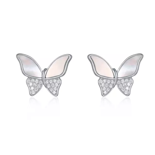 Sterling Silver Butterfly Half CZ Mother of Pearl Stud Earrings - HK Jewels