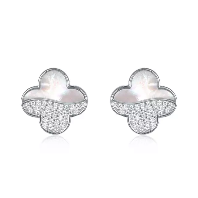 Sterling Silver Clover Half CZ Mother of Pearl Stud Earrings - HK Jewels