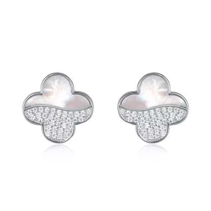 Sterling Silver Clover Half CZ Mother of Pearl Stud Earrings - HK Jewels