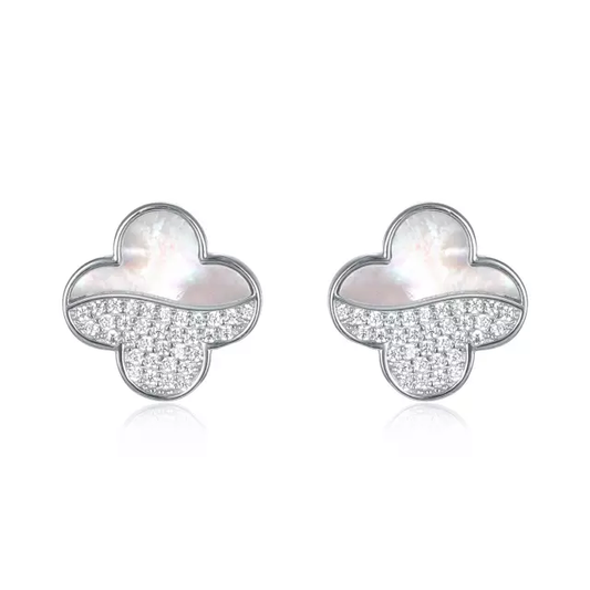 Sterling Silver Clover Half CZ Mother of Pearl Stud Earrings - HK Jewels