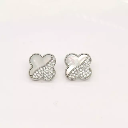 Sterling Silver Clover Half CZ Mother of Pearl Stud Earrings - HK Jewels