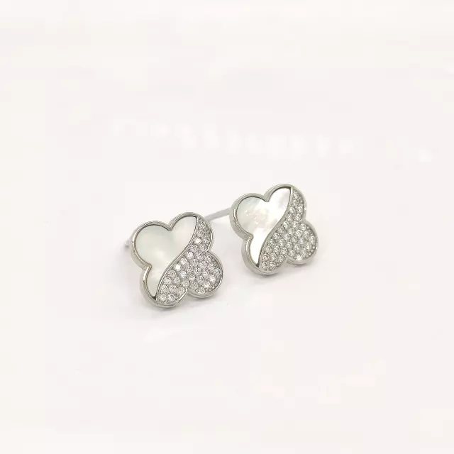 Sterling Silver Clover Half CZ Mother of Pearl Stud Earrings - HK Jewels