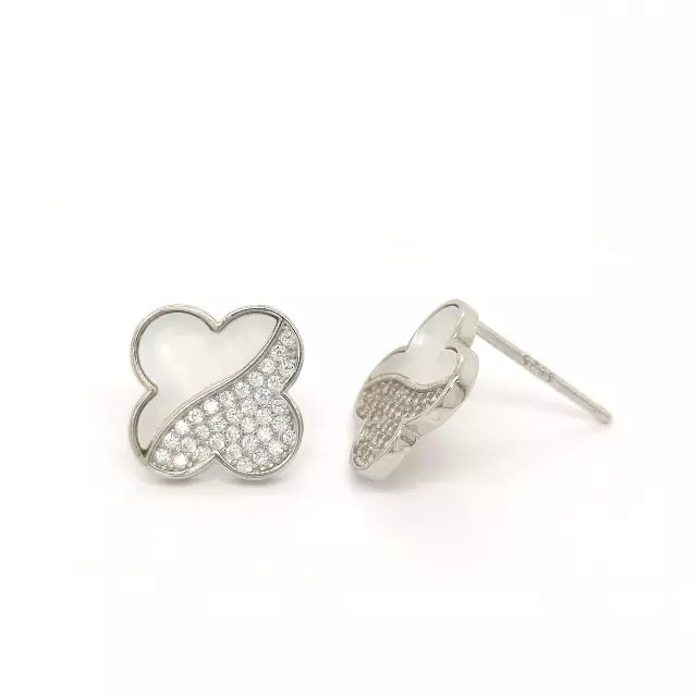 Sterling Silver Clover Half CZ Mother of Pearl Stud Earrings - HK Jewels