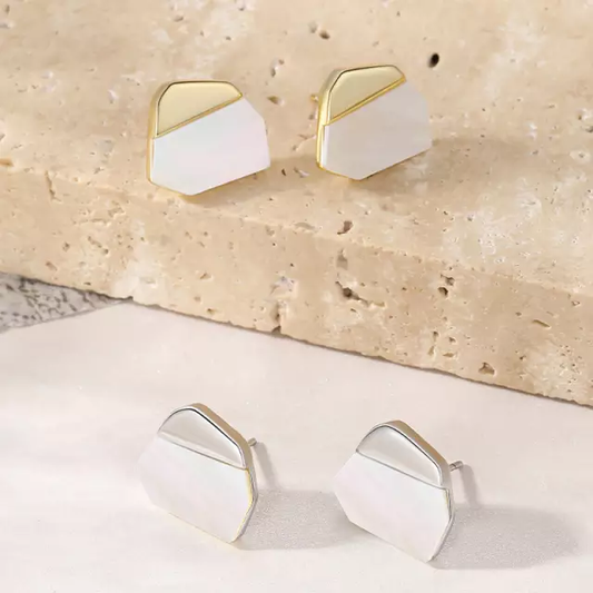 Sterling Silver Geometric Mother of Pearl Stud Earrings - HK Jewels