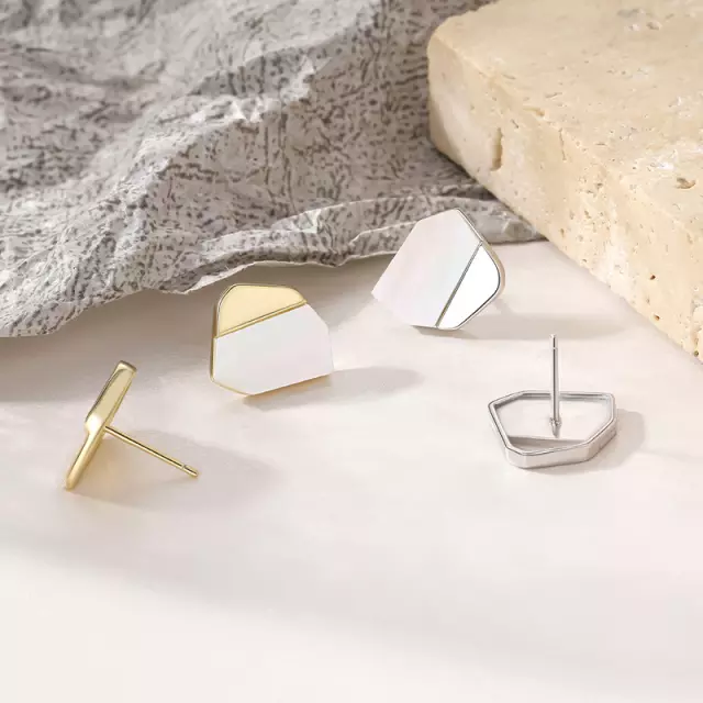 Sterling Silver Geometric Mother of Pearl Stud Earrings - HK Jewels