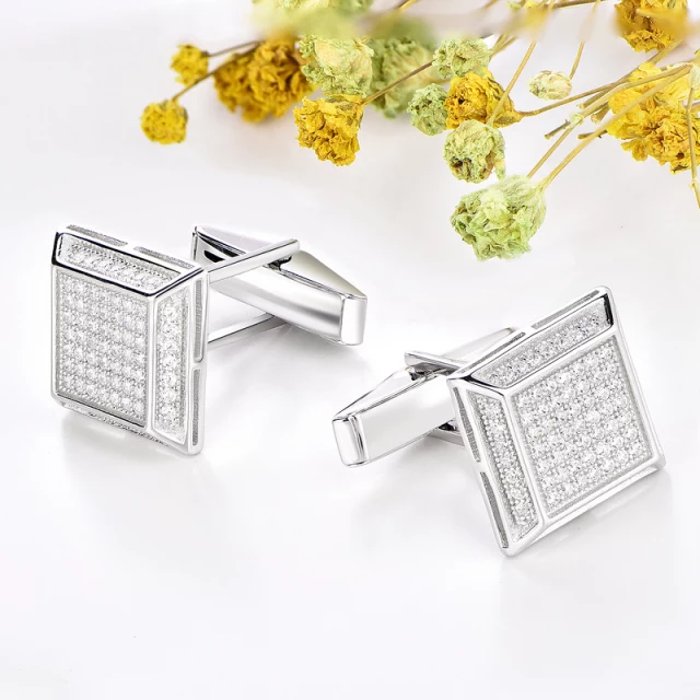 Sterling Silver Micropave 3D Square Cufflinks - HK Jewels