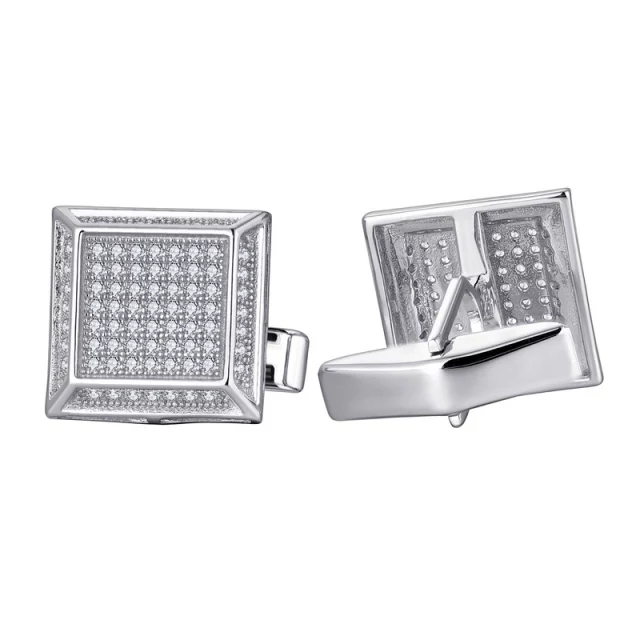 Sterling Silver Micropave 3D Square Cufflinks - HK Jewels