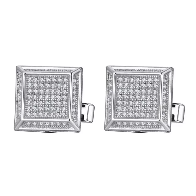 Sterling Silver Micropave 3D Square Cufflinks - HK Jewels