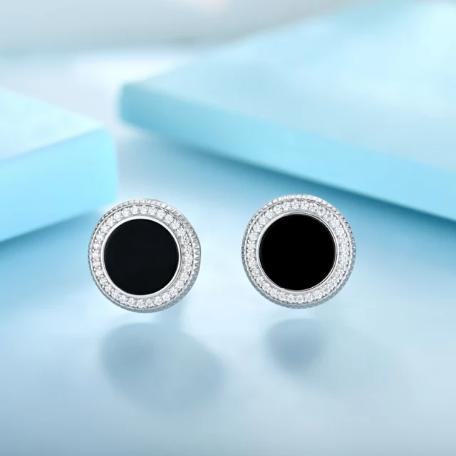 Sterling Silver and Black Onyx Micropave Bezel Round Cufflinks - HK Jewels