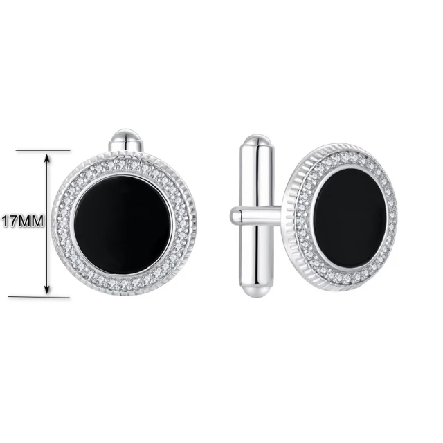 Sterling Silver and Black Onyx Micropave Bezel Round Cufflinks - HK Jewels