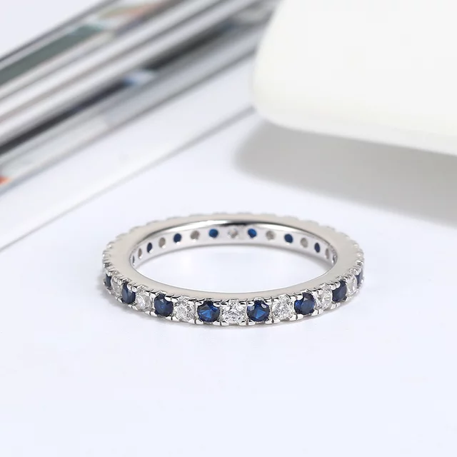 Sterling Silver Clear and Sapphire CZ Eternity Band - HK Jewels