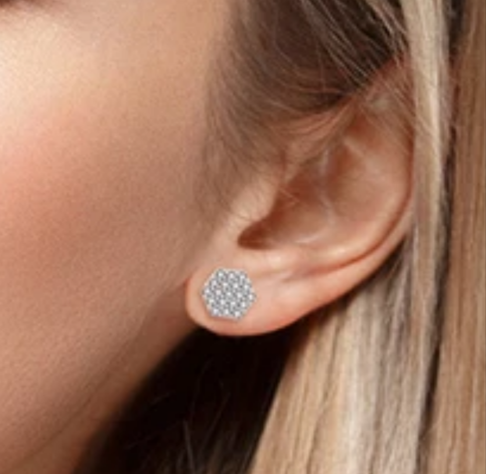 Sterling Silver Micropave Hexagon Stud Earrings - HK Jewels