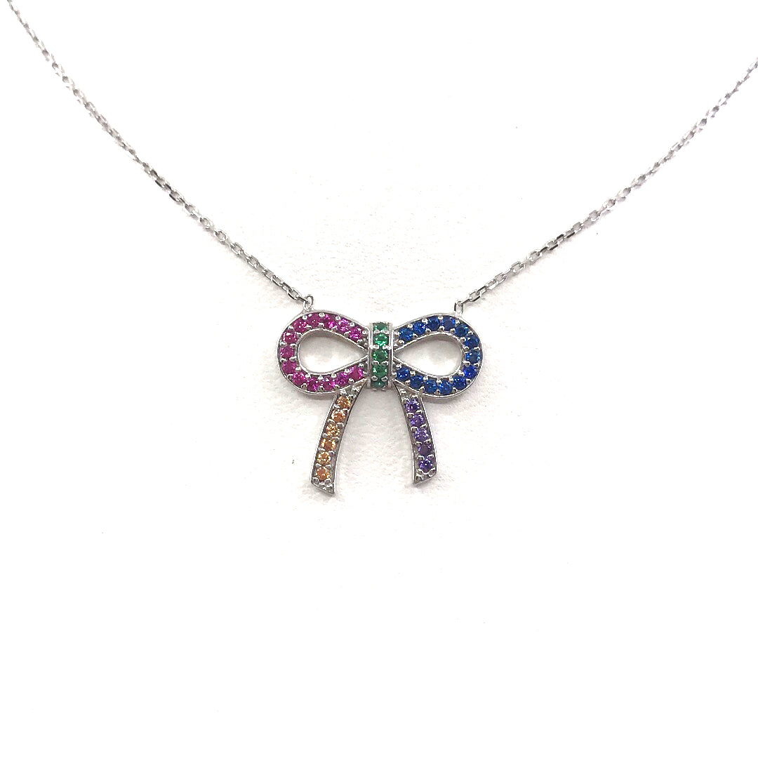 Sterling Silver Rainbow Bow Necklace - HK Jewels