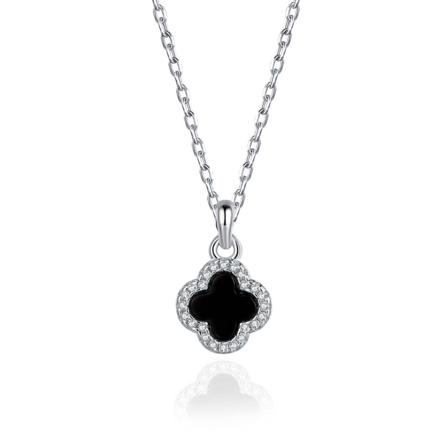 Sterling Silver Black Onyx Clover Necklace with CZ Border - HK Jewels
