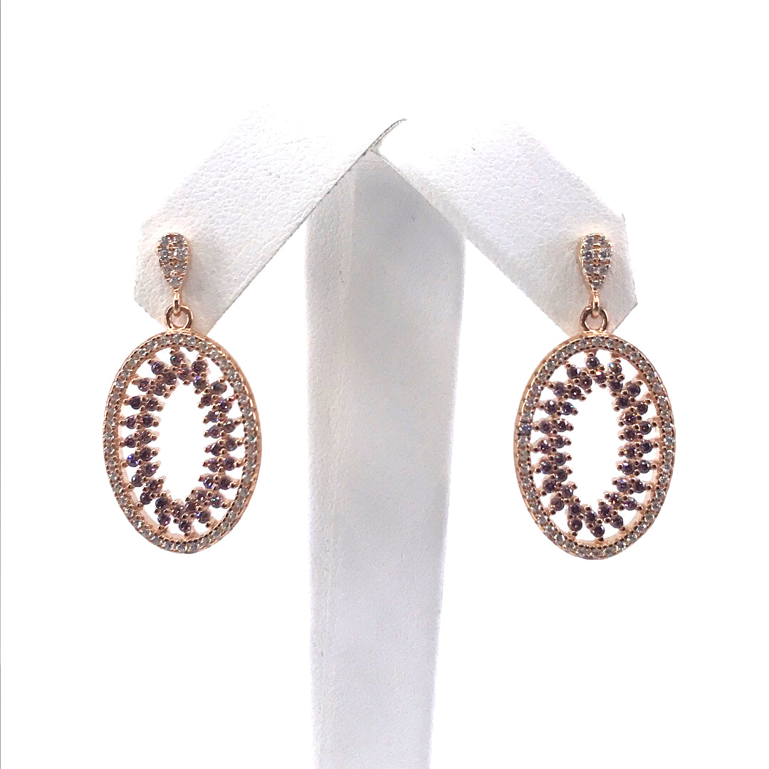 Rose Gold Plated Sterling Silver Micro Pave Oval Earrings - HK Jewels