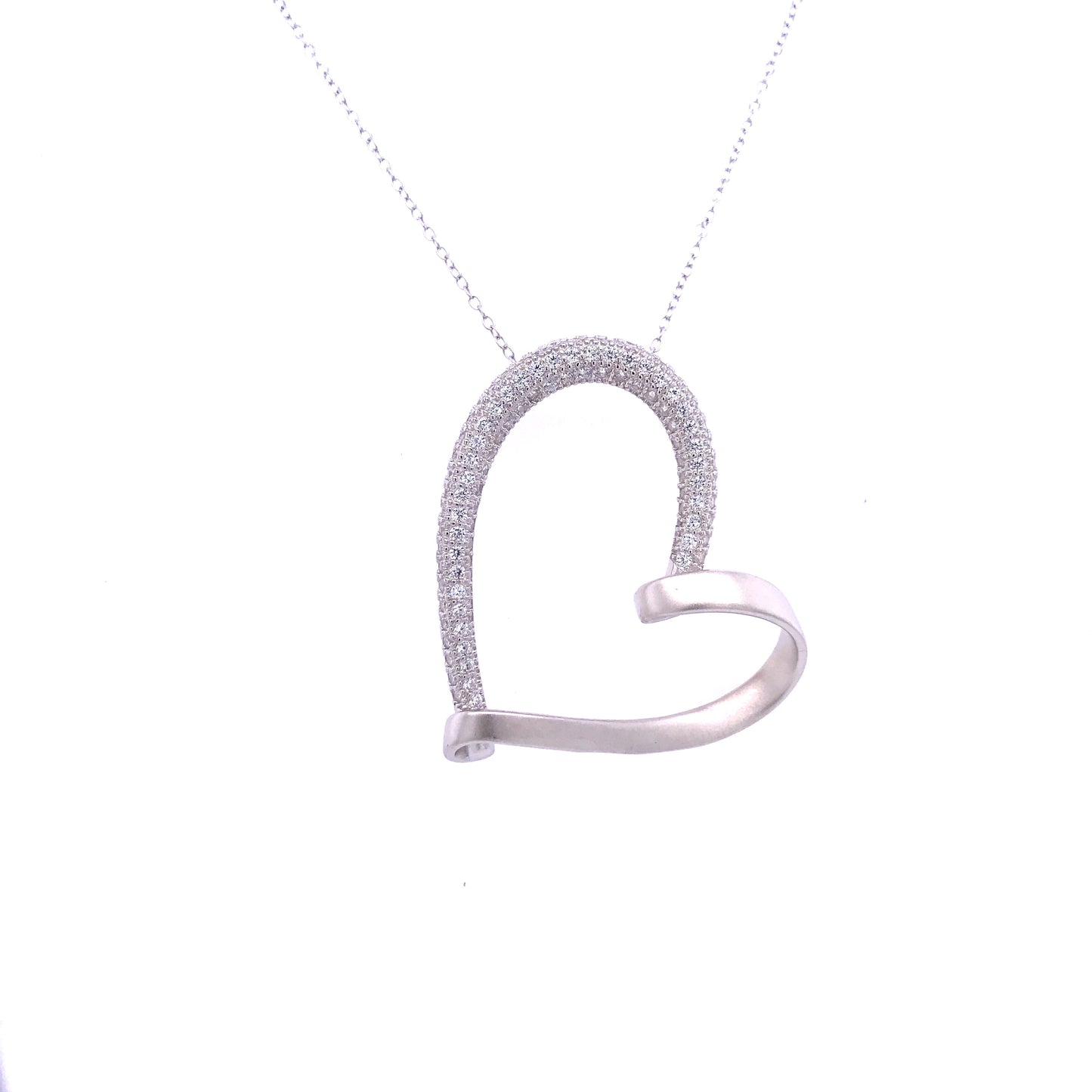 Sterling Silver Matte and CZ Heart Pendant - HK Jewels