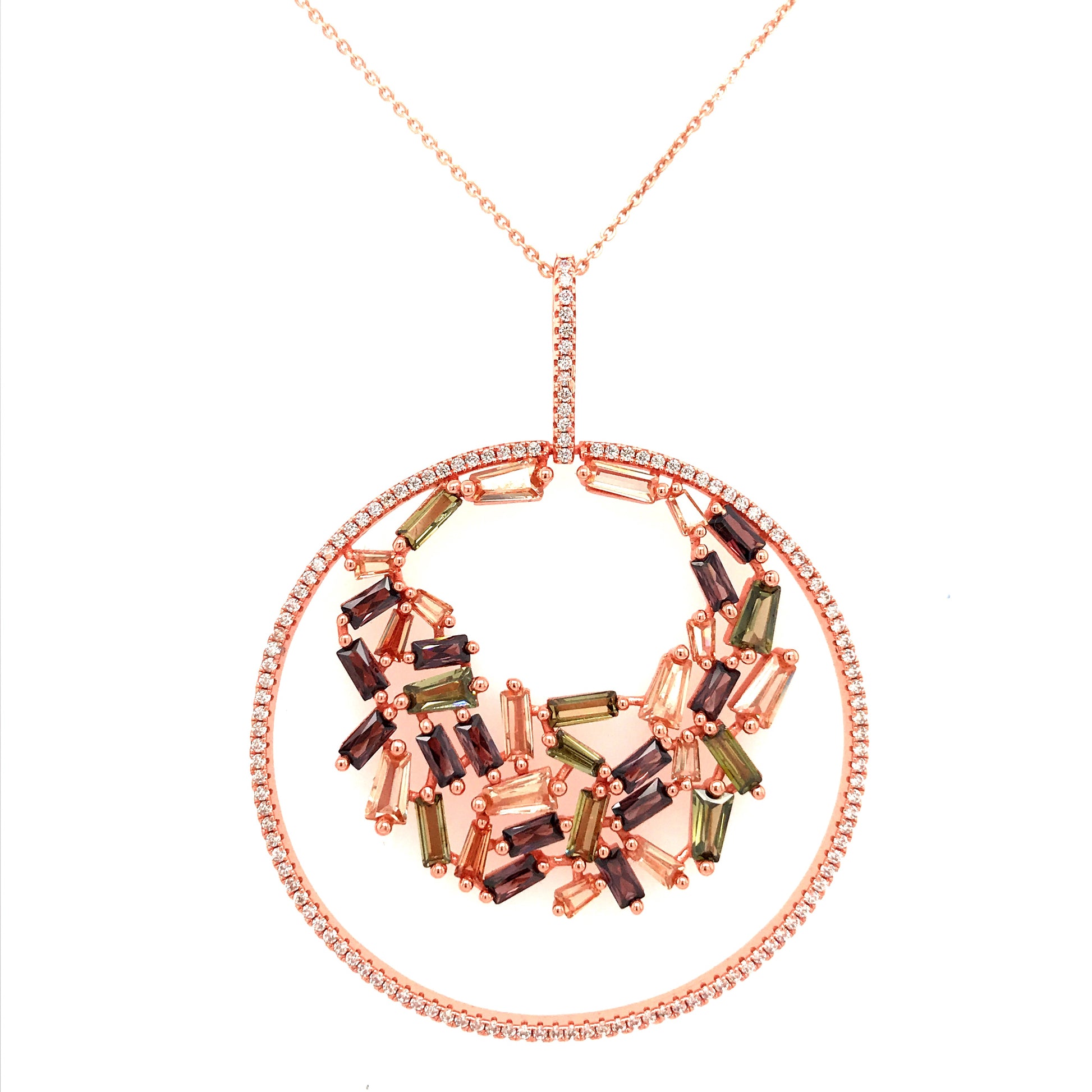 Rhodium or Rose Gold Plated Sterling Silver Circle With Baguettes Pendant - HK Jewels