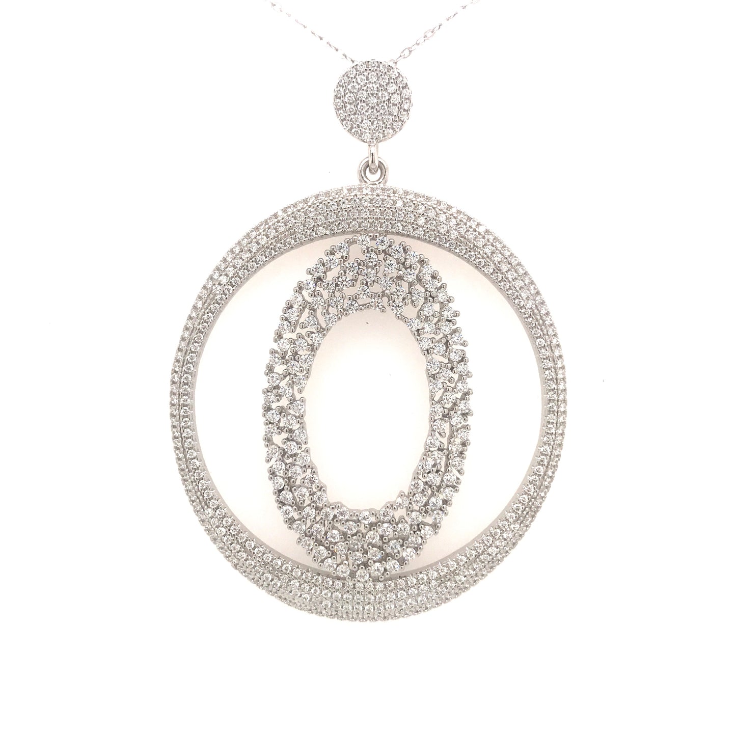 Sterling Silver Micropave Circular And Oval Pendant - HK Jewels