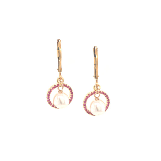 Small Fuchsia CZ Circle With Pearl Earring - HK Jewels