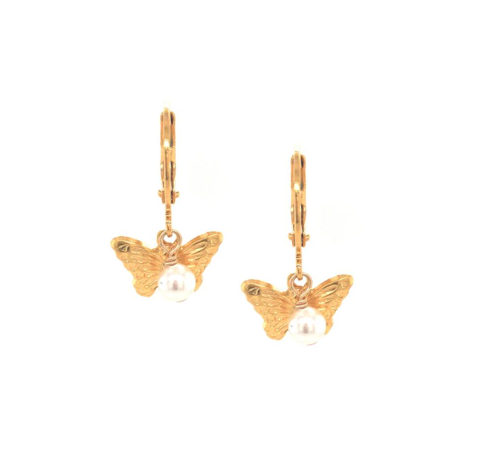 Gold Embossed Butterfly With Hanging Pearl Earring - HK Jewels