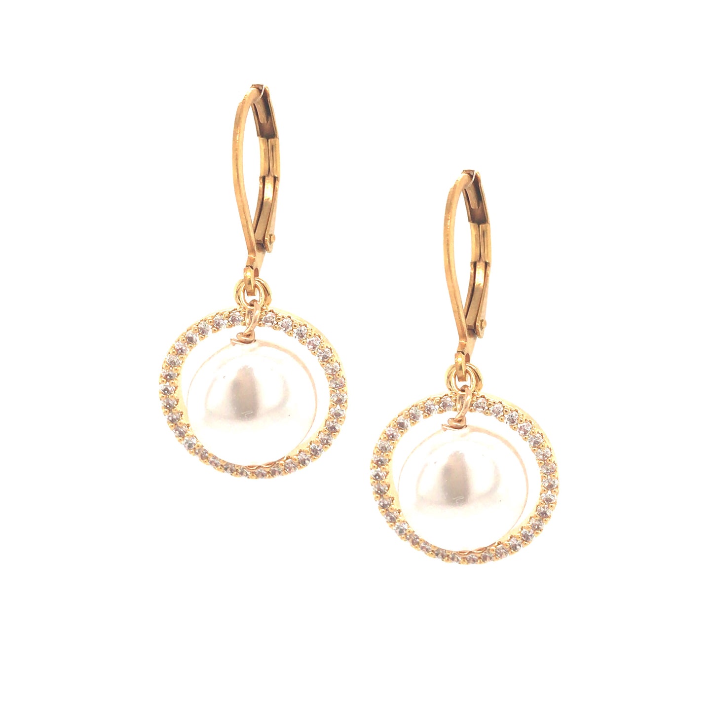 Large Gold CZ Circle With Hanging Pearl Earring - HK Jewels