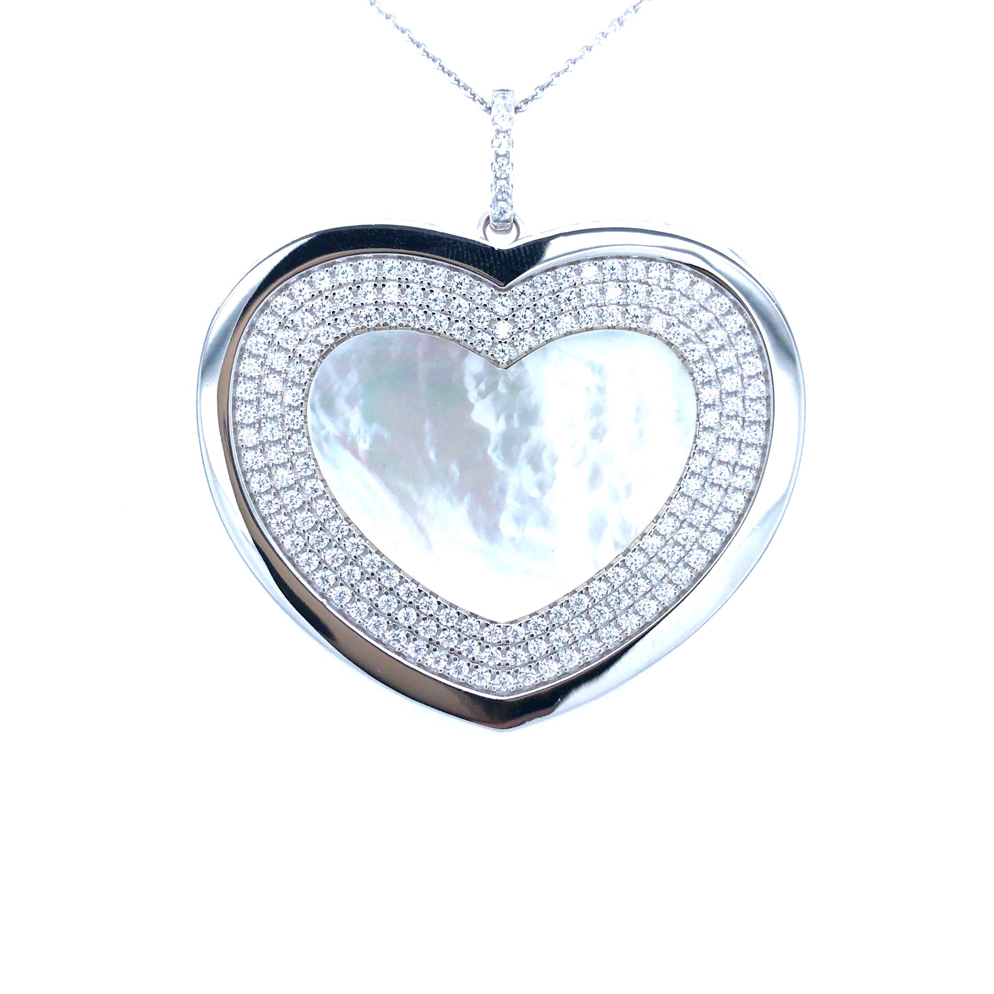 Sterling Silver Large Mother of Pearl Heart CZ Pendant - HK Jewels