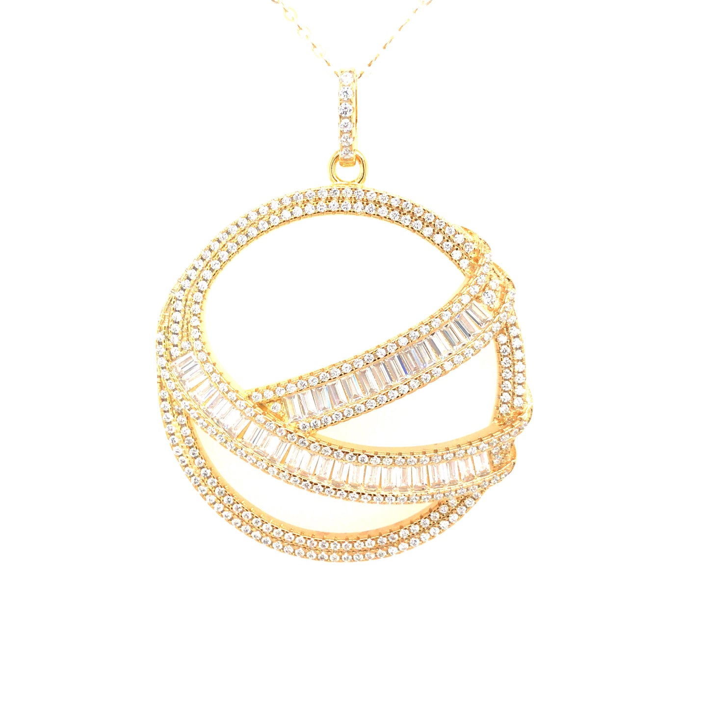 Sterling Silver Gold-Plated Large Circle With Baguettes Pendant - HK Jewels