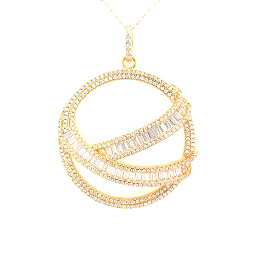 Sterling Silver Gold-Plated Large Circle With Baguettes Pendant - HK Jewels