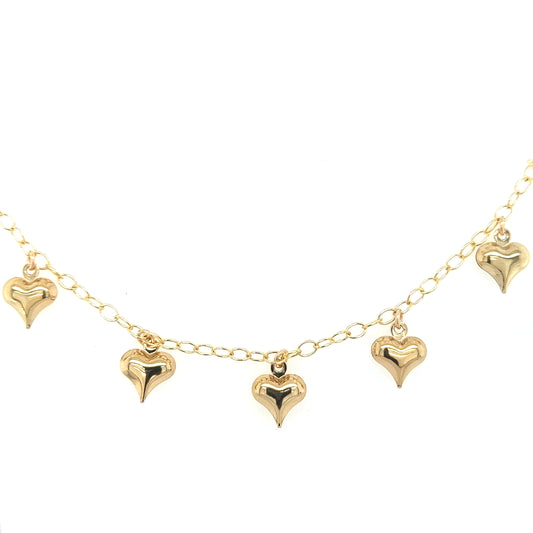Gold Filled Chain With Hanging Puffy Gold Hearts Bracelet - HK Jewels