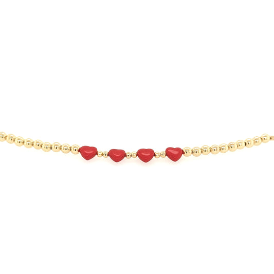 Gold Filled Beads With Four Red Hearts in the Center Children's Bracelet - HK Jewels