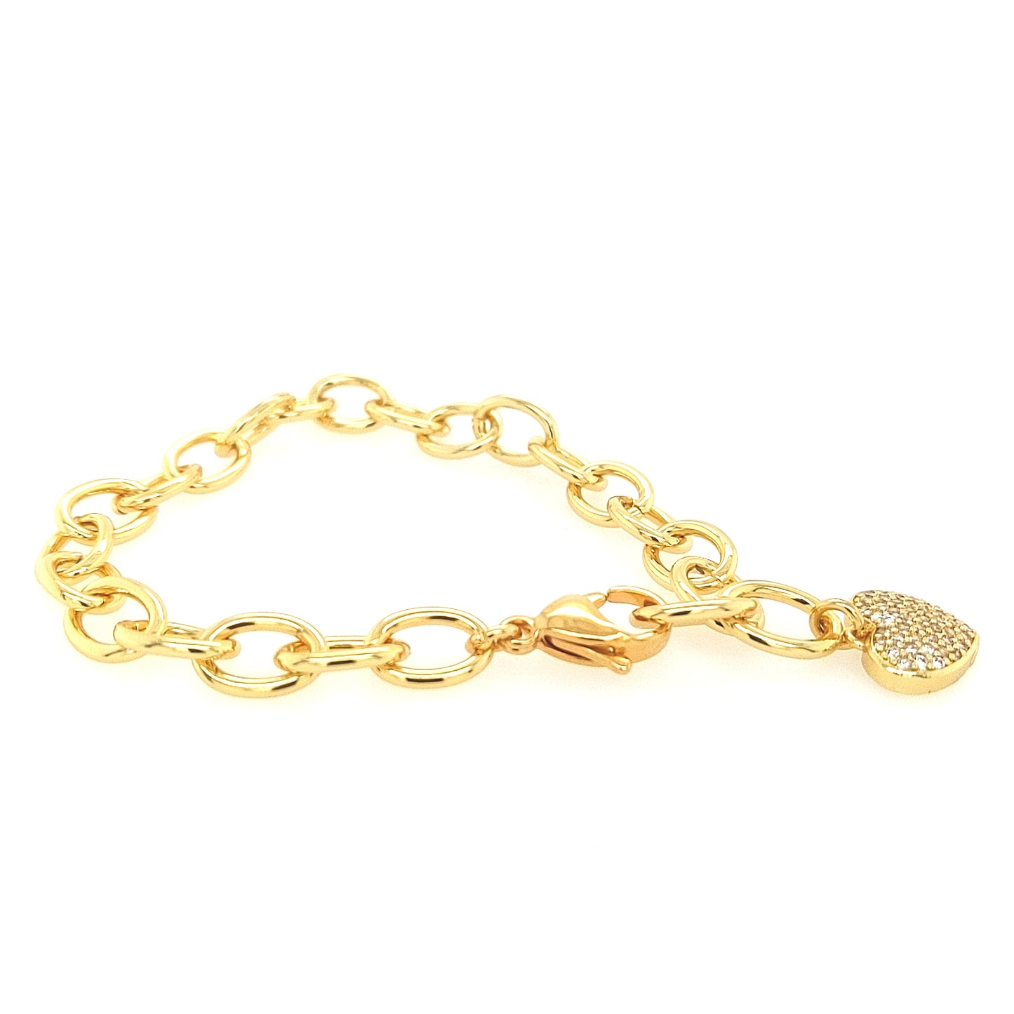 Shiny Large Link With Large CZ Puffy Heart Charm Bracelet - HK Jewels