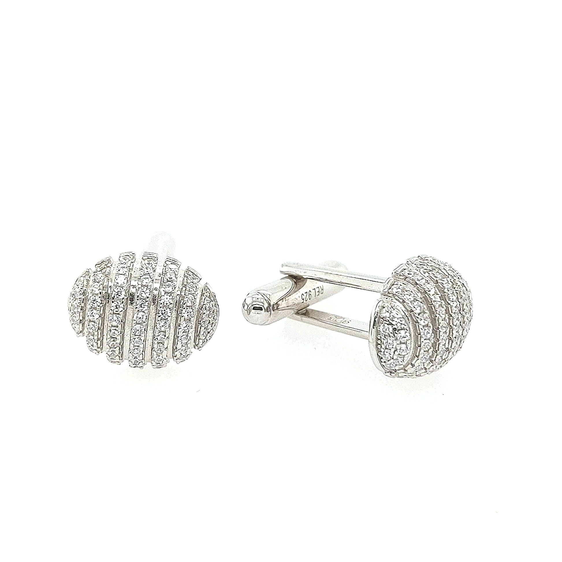Sterling Silver Micropave Oval CZ Stripe Cufflinks - HK Jewels