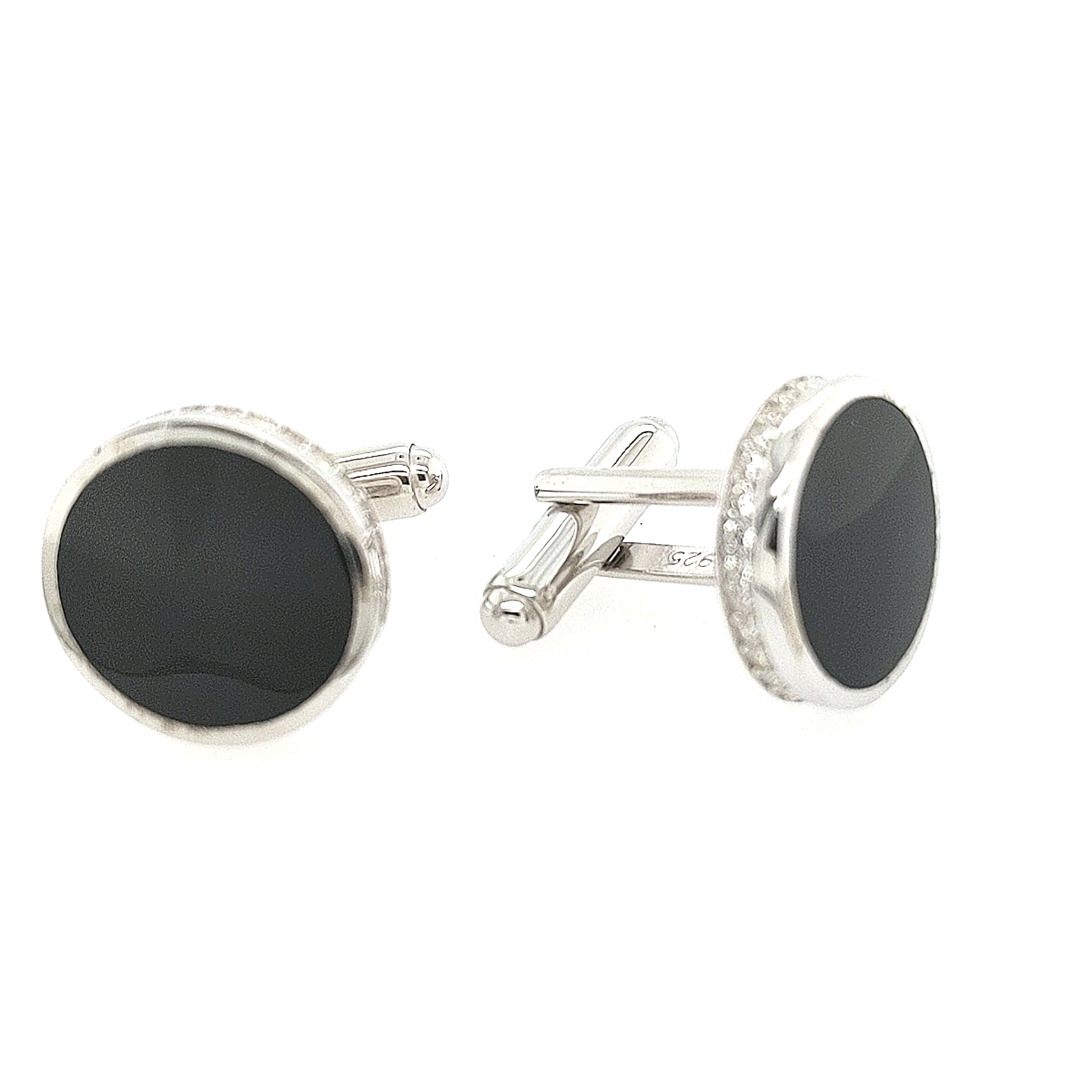 Sterling Silver Round Black  and CZ Cufflinks - HK Jewels