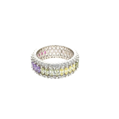 Sterling Silver Rainbow Colored  Baguette Ring - HK Jewels