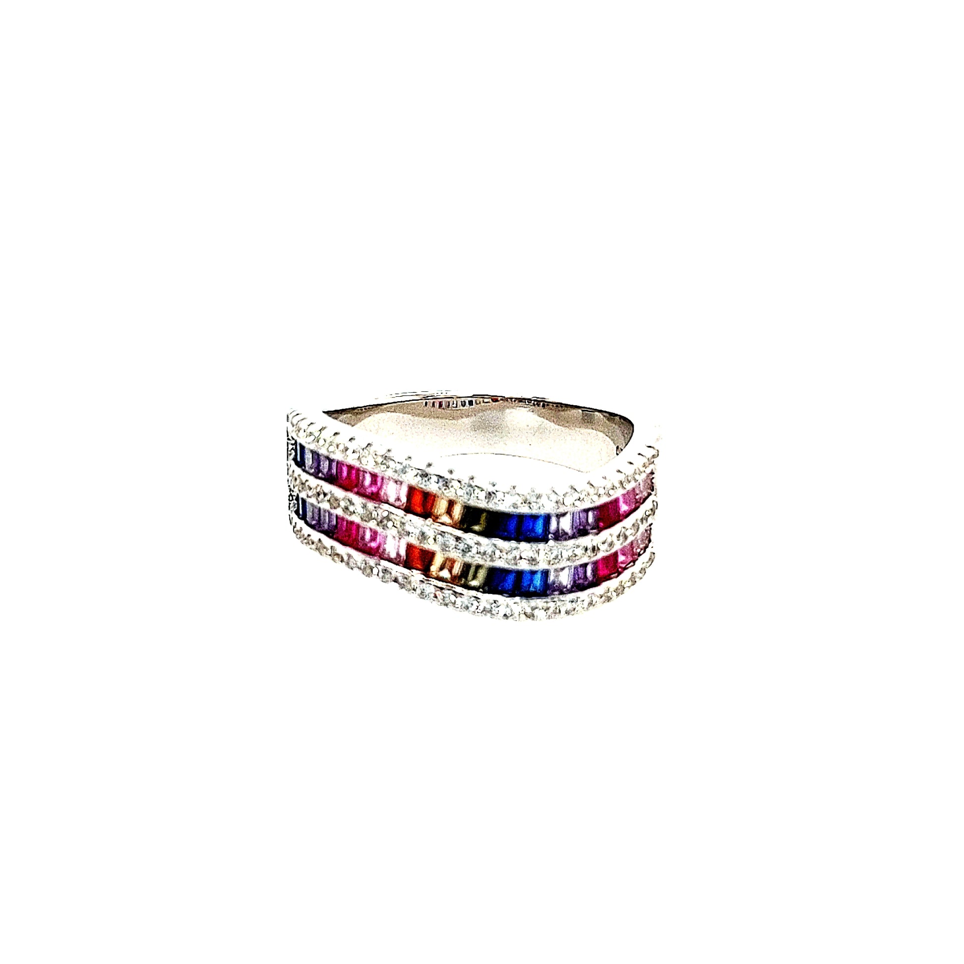 Sterling Silver Double Row Rainbow Colored Ring - HK Jewels